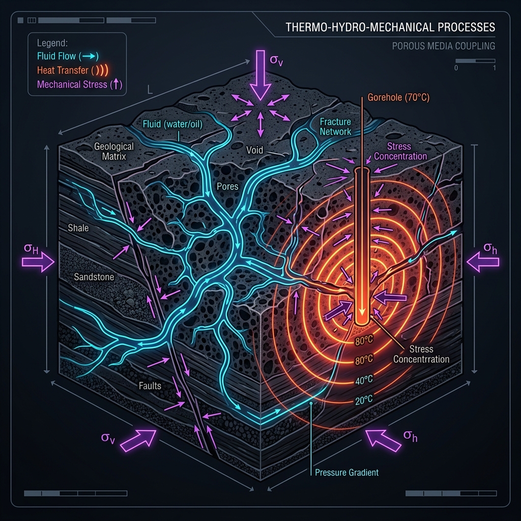 Thermo-Hydro-Mechanical geological coupling illustration